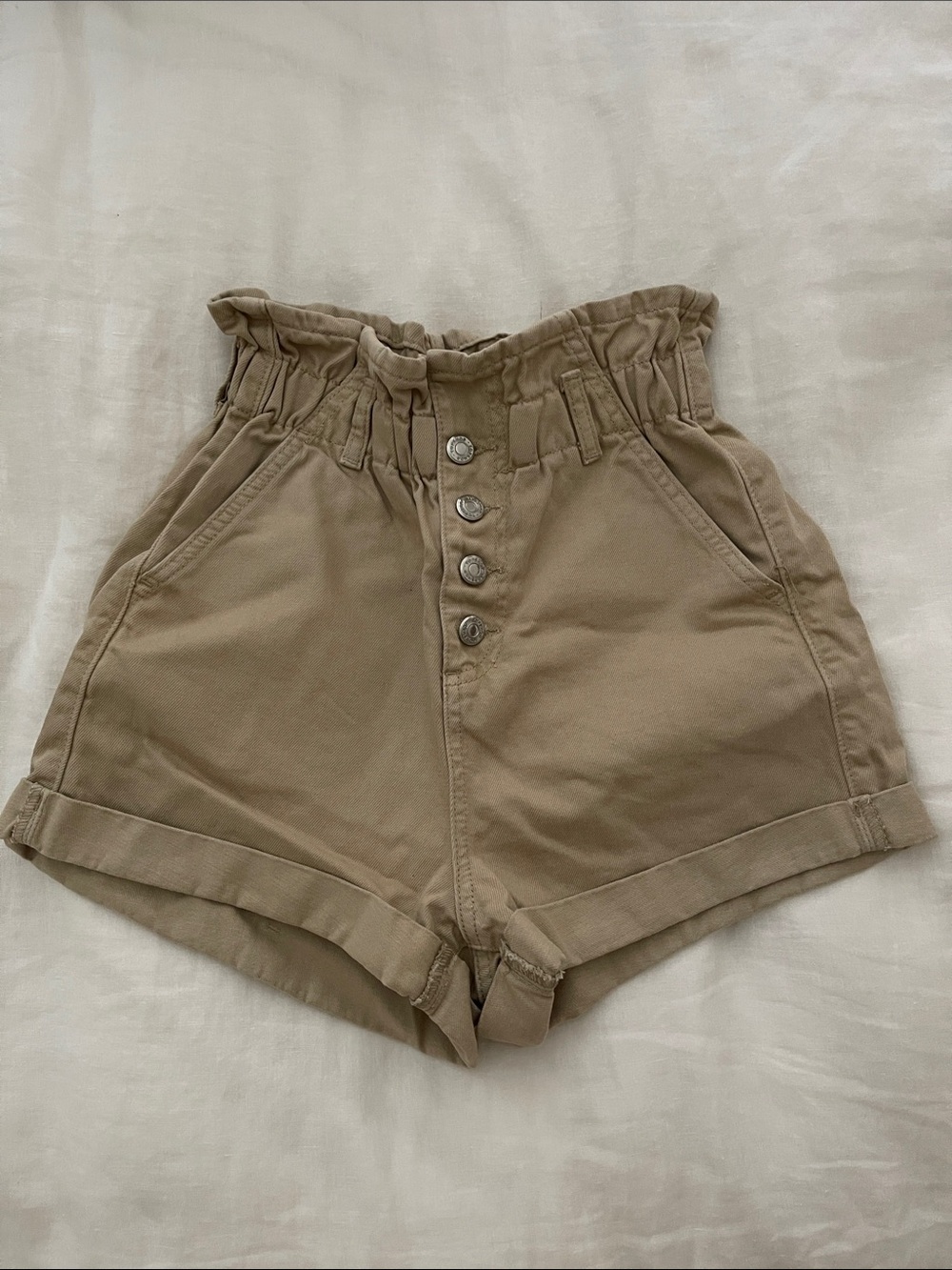 Topshop High-Waist Paperbag Shorts in Tan